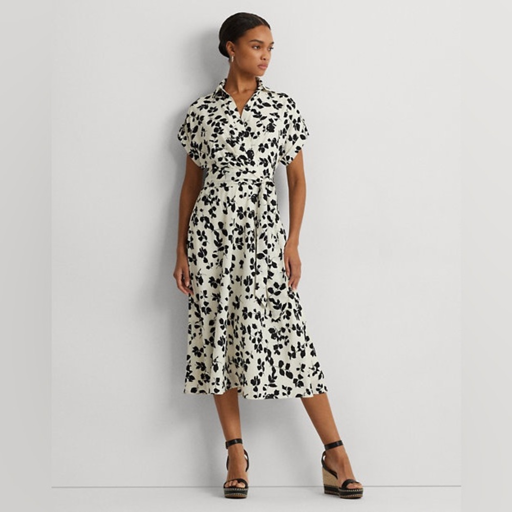 Lauren Ralph Lauren Leaf-Print Belted Crepe Dress size 12